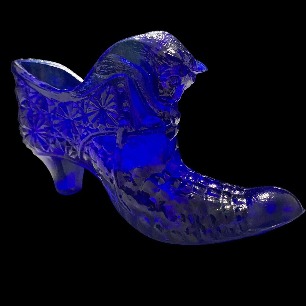 Cat Kitten Art Glass Shoe Slipper Ladies Cobalt Boyd Made 2004 Ink Olympic Blue
